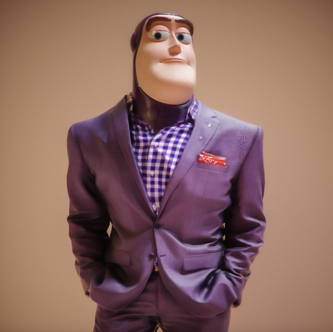 Buzz Lightyear Arm Shoulder Dress shirt Purple Human body Neck Sleeve Vision care Gesture Collar Suit Headgear Street fashion Fashion design Toy Sportswear Eyewear Blazer Formal wear Art Electric blue